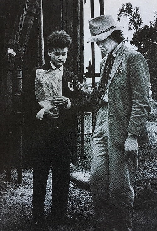 A picture of Jake Nacne and David Lynch on the set of Eraserhead.